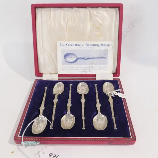 CASED SET SIX S/S CORONATION ANNOINTING SPOONS,  54.8 GMS