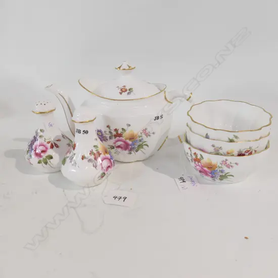 R/CROWN DERBY POSIES TEA POT 3 BOWLS + 2 CONDIMENTS