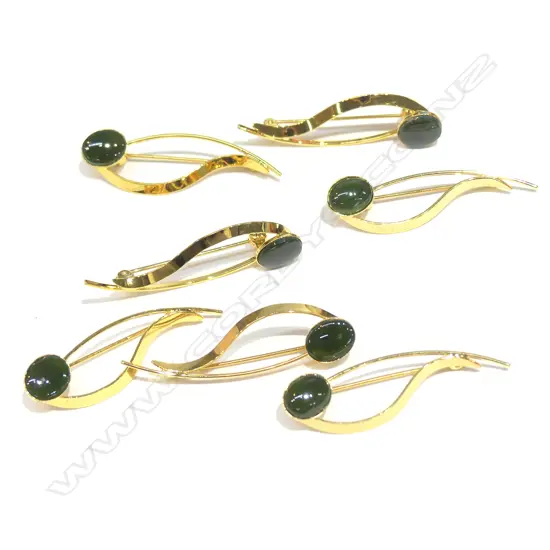 7 STERLING SILVER/ GOLD PLATE GREENSTONE BROOCHES