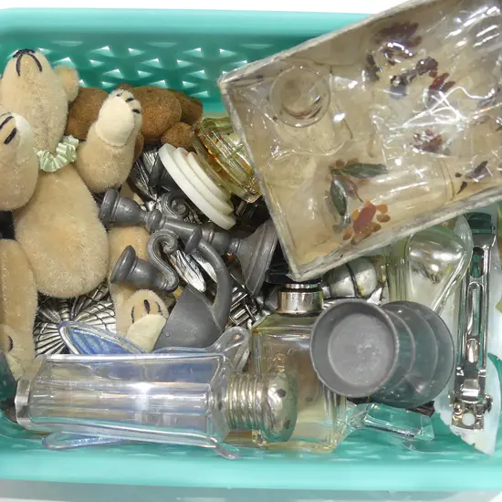 3 PEWTER ITEMS; TINY GLASS SET; OLD PURFUM BOTTLES ETC