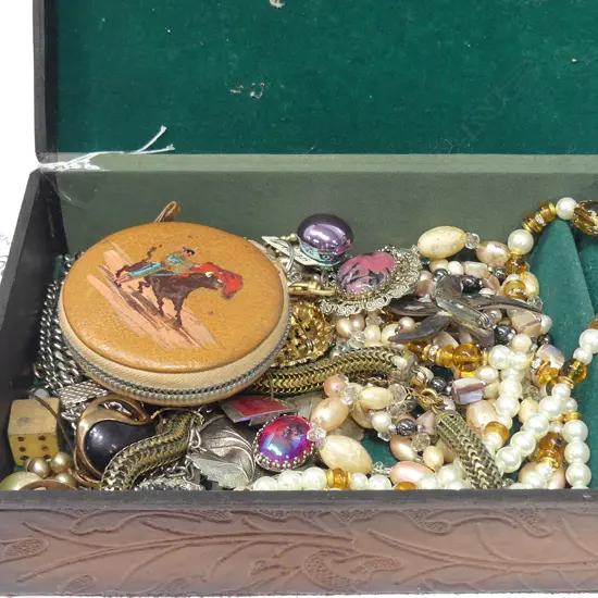 LEATHER JEWELLERY BOX WITH COSTUME JEWELLERY 
