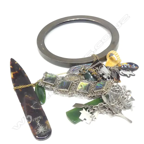 BAG OF PAUA, GREENSTONE & TORTOISESHELL JEWELLERY + SILVER PHOTO FRAME