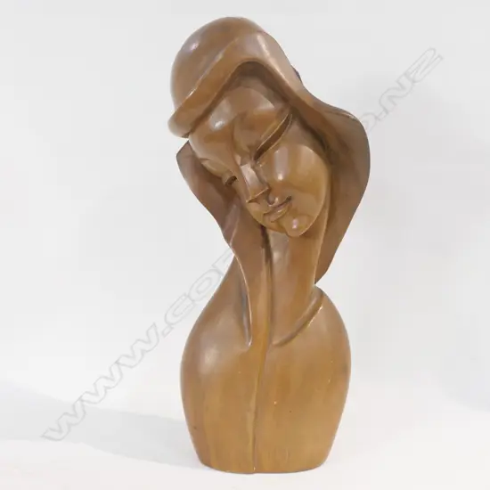 CARVED WOODEN BUST OF A STYLISED LADY H 480 MM