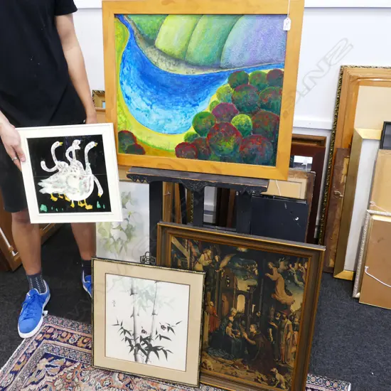 4 ARTWORKS; 'PUHOI RIVER AT WENDERHOLME' F. R. ENGLAND ACRYLIC, RELIGIOUS PRINT, BIRDS AND BAMBOO PRINT, GEESE TILES