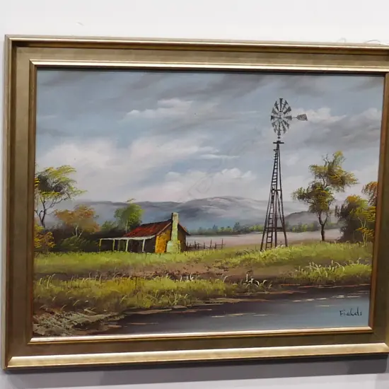 OIL PAINTING OF A HOUSE AND WINDMILL SIGNED FIELDS