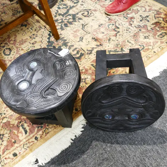 PR MAORI CARVED STOOLS PAUA INSERTS