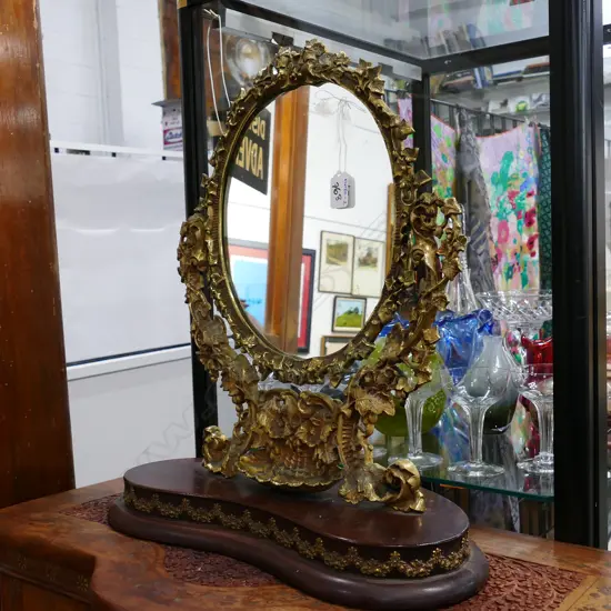 FRENCH STY. ORMOLU MIRROR ON WOODEN STAND