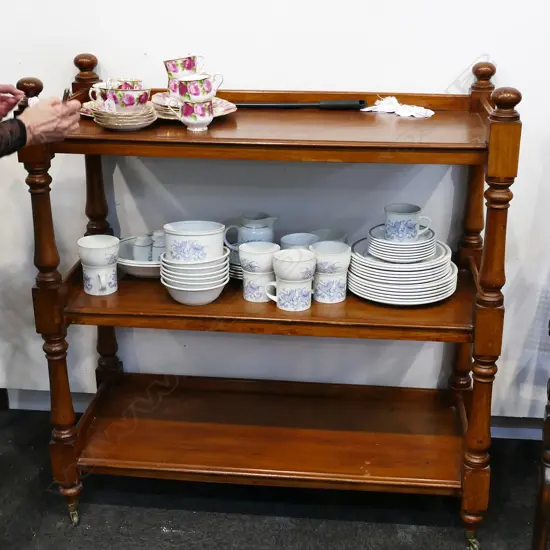 VICTORIAN MAHOGANY THREE STAGE DUMB WAITER ON ORIGINAL CASTORS 1000 X 420 X 1040MM