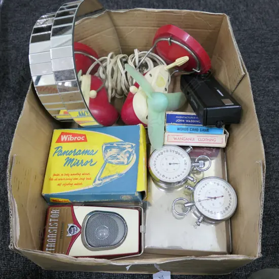 LOT VINTAGE FAN/WING MIRROR/STOP WATCHES RADIOS ETC