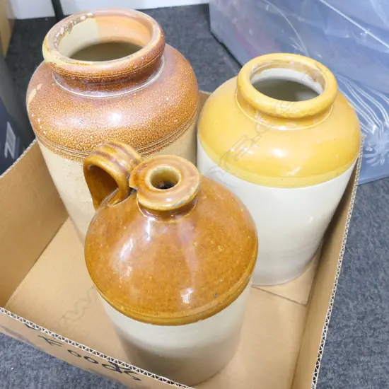 3 STONE CROCKS - ONE CHIPPED TO RIM