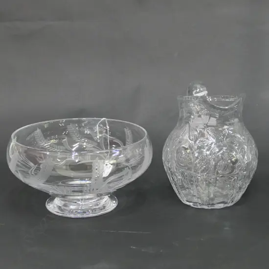 ETCHED CRYSTAL BOWL DIA. 200MM + CUT GLASS JUG