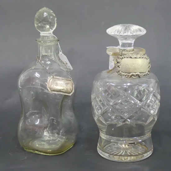 GLASS DECANTER W/ STERLING SCOTCH LABEL + CRYSTAL DECANTER (STOPEPR A/F) LARGEST 230MM