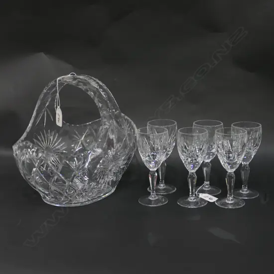 LARGE CUT CRYSTAL BASKET & 6 CUT CRYSTAL SHERRY GLASSES
