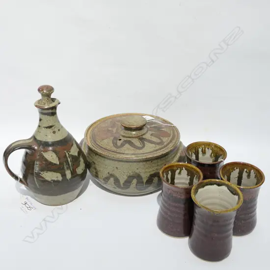 ADRIAN COTTER POTTERY CASSEROLE & JUG + 4 JACK DAWSON BEAKERS
