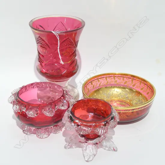 4 PCES ASST VICTORIAN GLASS INCL; CRANBERRY SALTS, BOWL, CRYSTAL GLASS