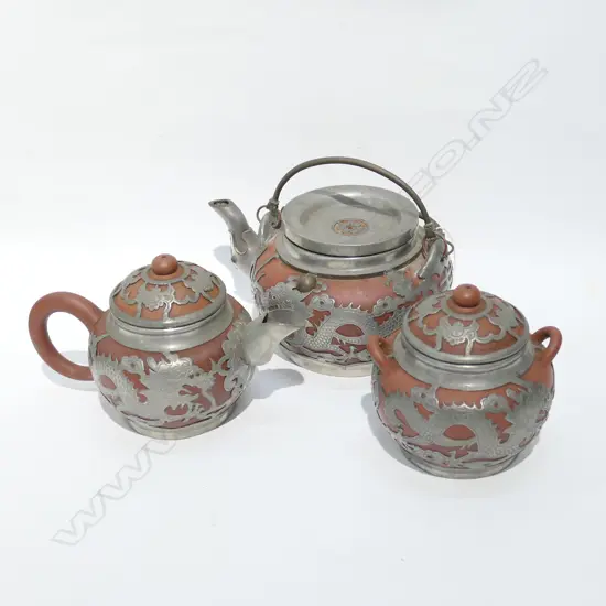 PEWTER OVERLAY CHINESE 3PC TEA SET