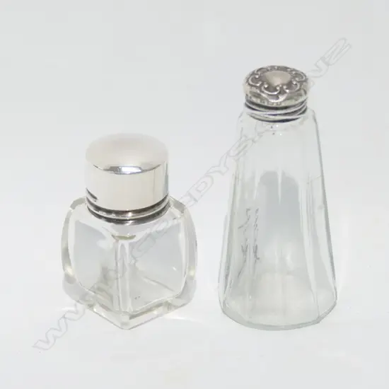 TWO SILVER TOPPED DRESSING TABLE BOTTLES - LARGEST H. 80MM
