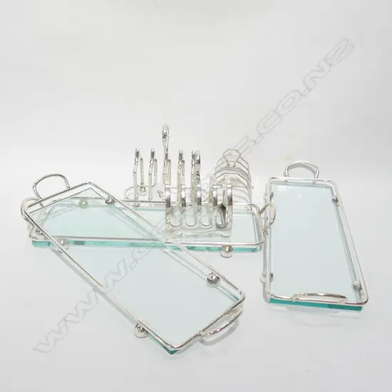 6 SILVER PLATE PCES; 3 TOAST RACKS + 3 GLASS TRAYS