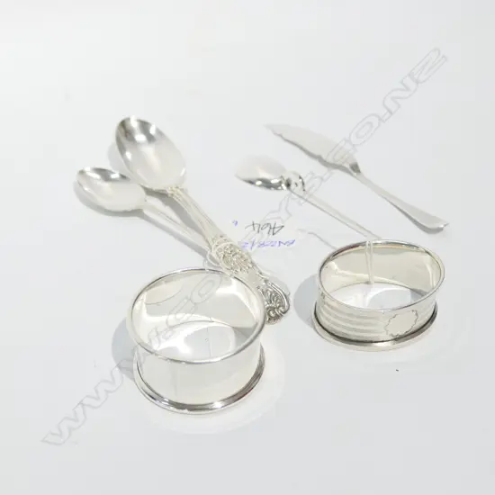 6 SILVER ITEMS SERVIETTE RINGS, SPOONS ETC