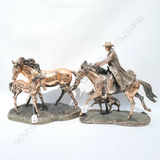 TWO COPPERED RESIN FIGURES - COWBOY & HORSES - LARGEST H. 350MM