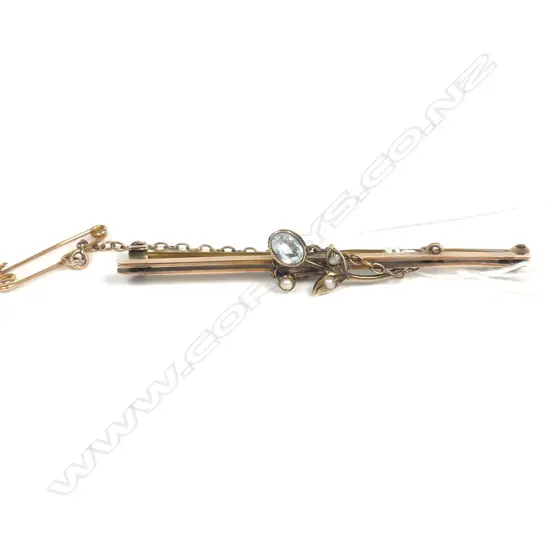 9CT EDW BAR BROOCH AQUAMARINE & SEED PEARLS