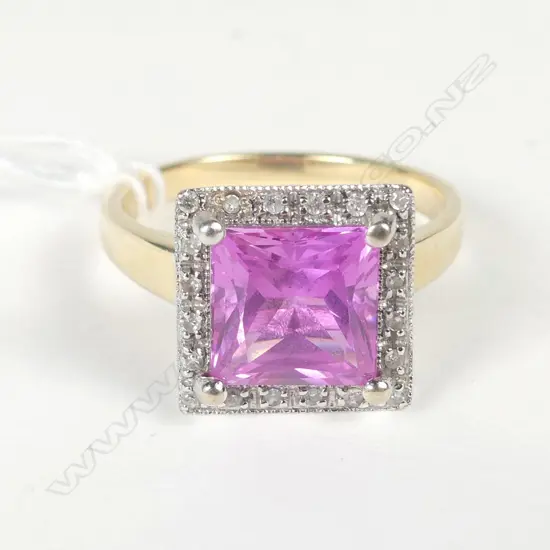 9CT GOLD PINK STONE & DIAMOND RING