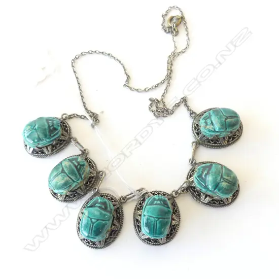 Vintage Egyptian silver and porcelain scarab beetle necklace