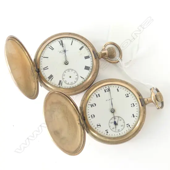 2 GOLD PLATED HUNTER POCKET WATCHES BY ELGIN & WALTHAM (AF)
