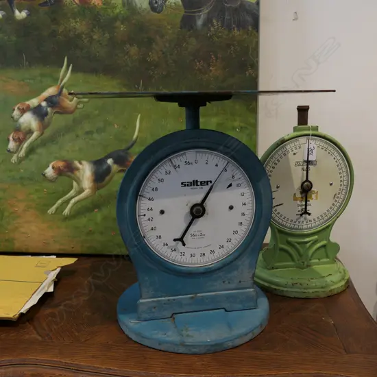 PAIR OF SALTER SCALES ONE WITH TRAY MISSING 375MM H