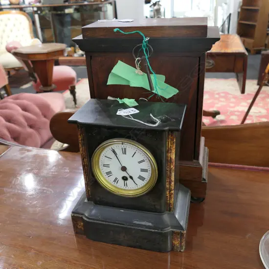 BLACK SLATE AND MARBLE MANTLE CLOCK H 240 MM
