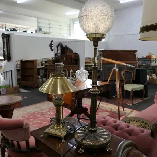 SMALL BRASS STANDARD LAMP (H. 860) AND KEROSONE STYLE ELECTRIC LAMP	