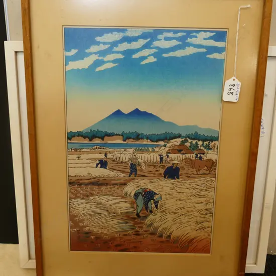 JAPANESE SHIN-HUNGA WOODBLOCK UKIYO-E PRINT, HARVESTING RICE by KASAMATSU SHIRO. 360 x 235mm