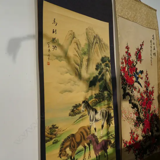 2 CHINESE SCROLL PAINTINGS + FOLDER PRINTS