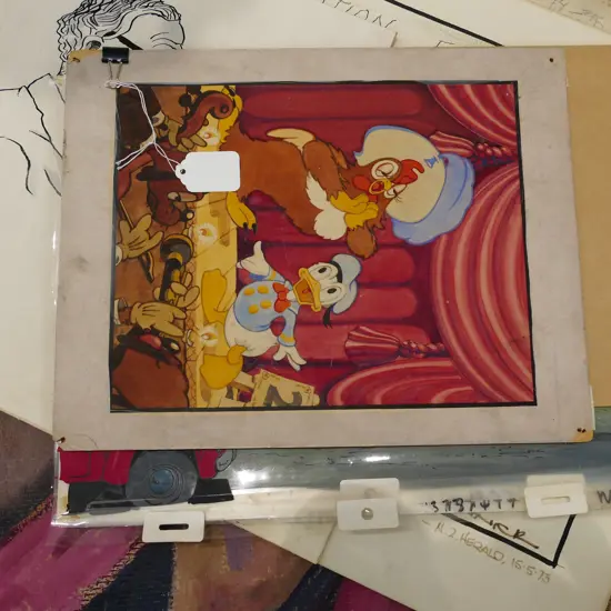 ORIGINAL WATERCOLOUR - DETAILED DISNEY SCENE - DONALD DUCK & FOGHORN LEGHORN ATTR. JOHN HENCH. + FOOTROT FLATS CELLS