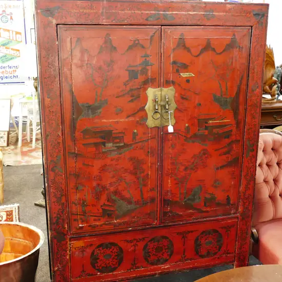 CHINESE RED LACQUER WEDDING CHEST W. 1190MM H. 1760MM