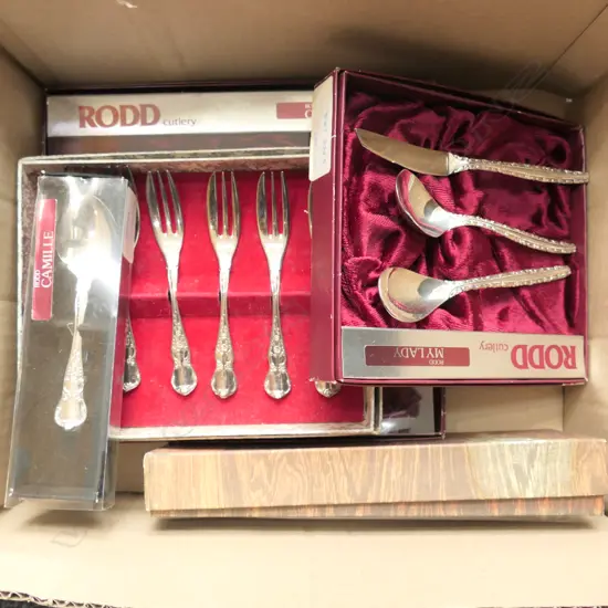 BOX LOT ASST. BOXED CUTLERY INCL. RODD CAMILLE ETC