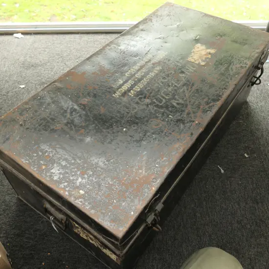 VINTAGE HANDLED BLACK TIN TRUNK 890MM L 460MM W