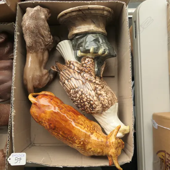 BOX LOT 3 CERAMIC ANIMALS; EAGLE, BULL, LION
