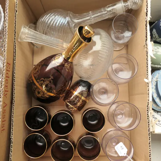 BOX LOT ASST. DRINK SETS AND DECANTERS