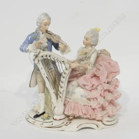 DRESDEN FIGURINE, HARPIST AND VIOLINIST AF EASY REPAIR CHIPPED VIOLIN PIECE ATTACHED, MINOR SKIRT DAMAGE