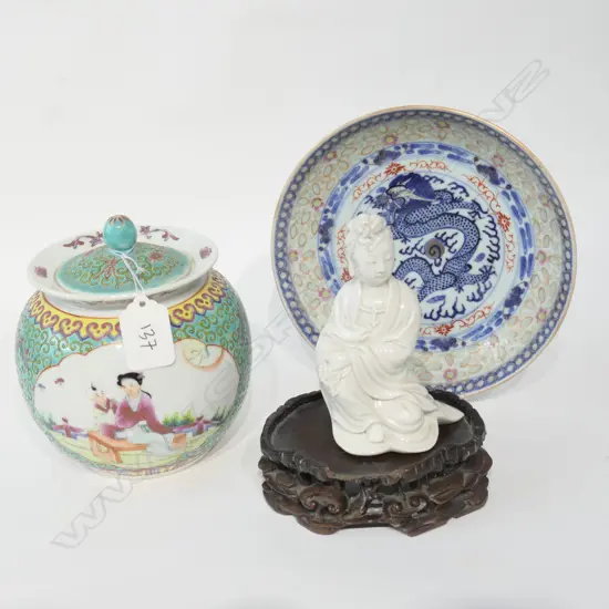 CHINESE LIDDED VASE, DRAGON PLATE AND FIGURE ON STAND