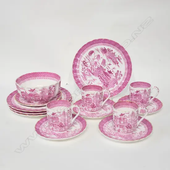 14PC SPODE WILLOW PATTERN DEMITASSE PART SET, (PINK)