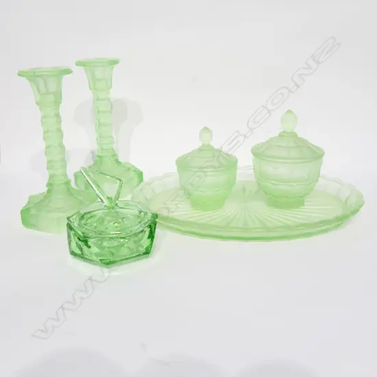 6 PCES GREEN DEPRESSIONWARE; PAIR CANDLESTICKS, PLATE, 3 LIDDED DISHES ONE AF