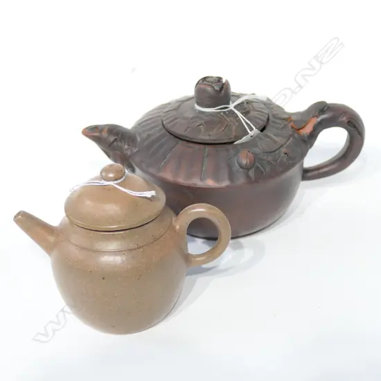 2 YIXING TEAPOTS 1 WITH MINOR LOSSES TO HANDLE