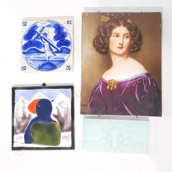 4 TILES INCL. PORTRAIT OF LADY 245 X 185 + B + W TILE CHRIST ON THE CROSS