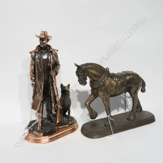 RESIN FIGURE OF STOCKMAN AND DOG 300MM H AF AND RESIN CLYDESDALE HORSE 240MM L