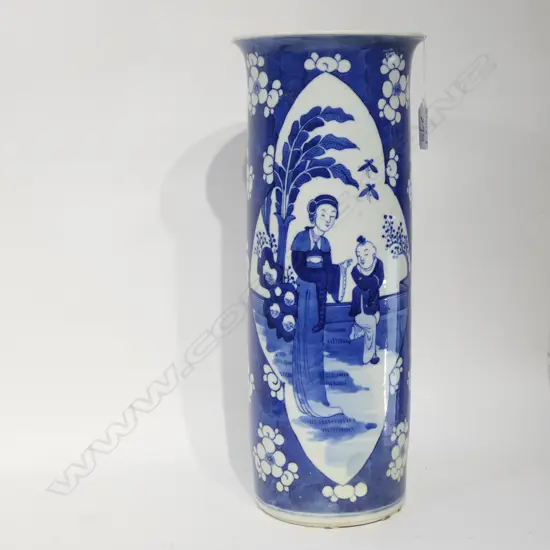 TALL CHINESE B&W CYLINDER VASE RESTORED H 365 MM