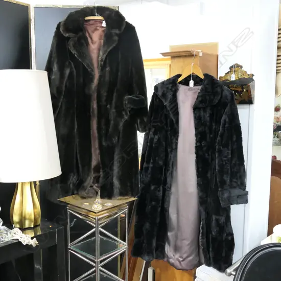 2 BLACK FAUX FUR COATS AND A HAT