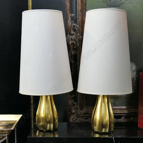 PR GILT REEDED TABLE LAMPS. - NEED REWIRING H. INCL. SHADES 755MM