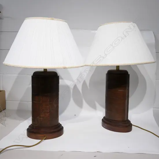 PR WOOD BANDED TABLE LAMPS - NEED REWIRING. H. INCL. SHADES 620MM